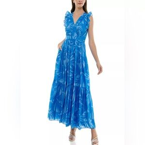 Taylor Vibrant Blue Leaf Print Maxi Dress